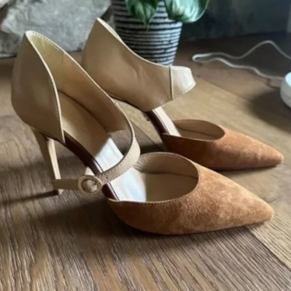 BEAUTIISOLES Sara Pointed Toe Pump Cognac Leather Suede Italy 9.5 NEW